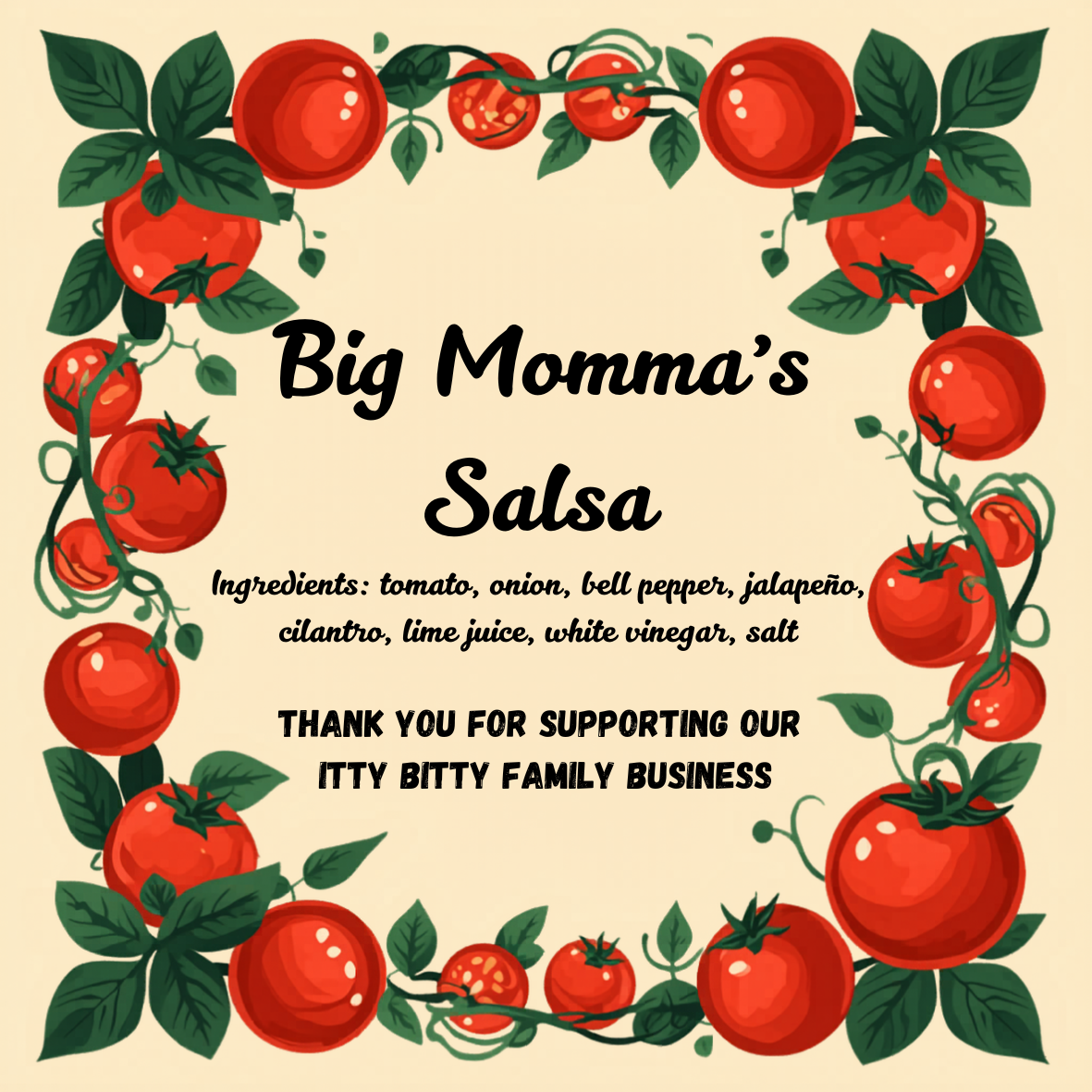 Big Momma Salsa ingredients and thank-you artwork